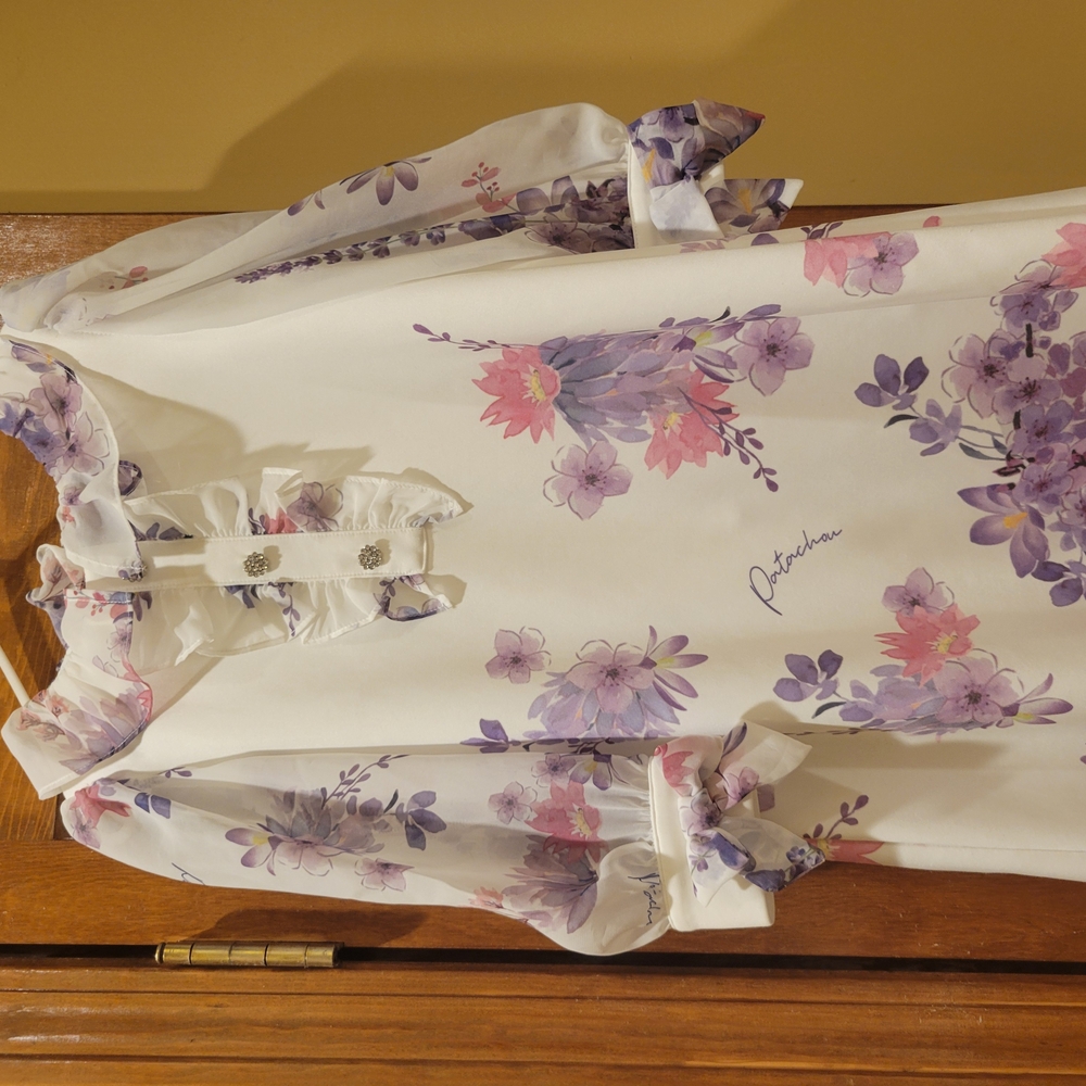 Floral Ruffle Blouse with Purple and Pink Accents